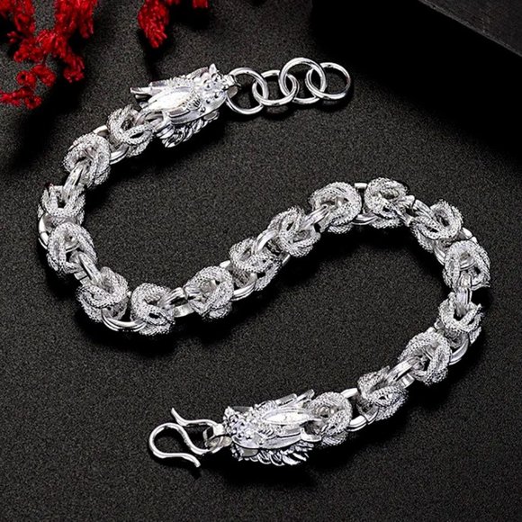 Beautiful Dragon's Head Link Bracelet Stamped .925 Solid Sterling Silver - Picture 2 of 4